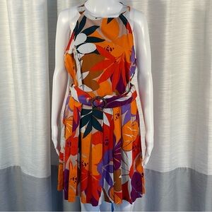 Donna Morgan Orange Red Purple Floral Sleeveless Pleated Fit & Flare Dress Sz 14